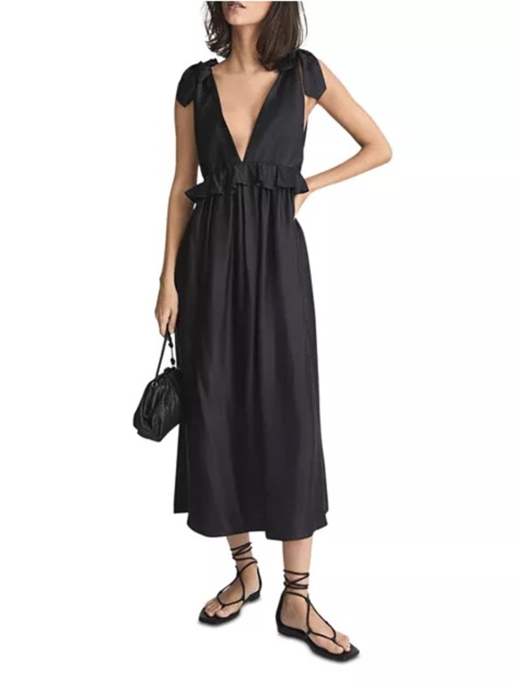 Reiss black plunge midi dress with shoulder ties